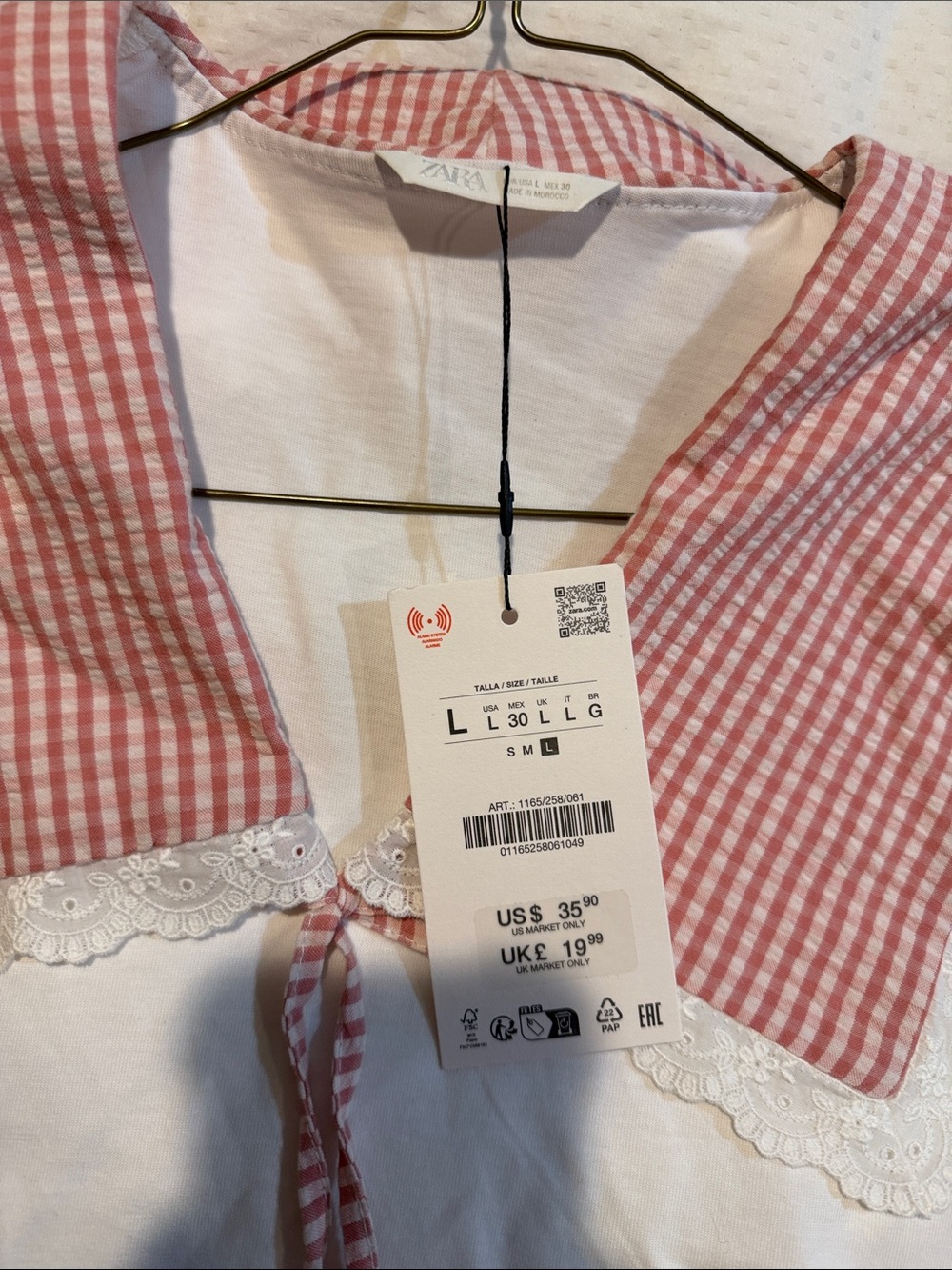 Zara White Short-Sleeve Top with Pink Gingham Sailor Collar - Picture 2 of 3